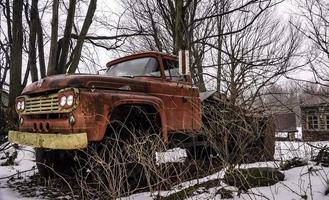 caminhão ford vintage enferrujado entre árvores em um pátio coberto de neve foto