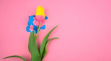 acrílico colorido e flor amarela, tulipa plana sobre fundo rosa claro foto