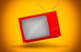 vintage televisão suspenso dentro a ar em uma amarelo fundo foto
