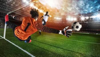 goleiro dentro laranja uniforme pega a bola dentro a estádio durante uma futebol jogos foto