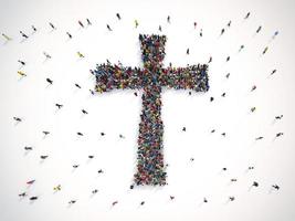 muitos pessoas juntos dentro uma crucifixo forma. 3d Renderização foto