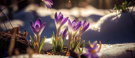 a primeiro Primavera flores, açafrões dentro uma floresta com neve fundo Além disso ter cópia de espaço para texto foto