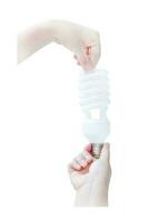 energia salvando conceito. mulher mão segurando luz lâmpada em branco fundo foto