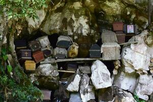 caixões e sepulturas estavam colocada dentro Rocha falésias. isto método é uma tradição usava Como uma sepultura para pessoas quem morreu dentro a tana Toraja tribo, sulawesi foto