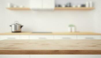 esvaziar mesa topo sobre desfocado cozinha com cópia de espaço foto