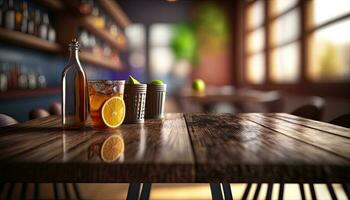 esvaziar de madeira mesa com uma Visão do borrado bebidas Barra pano de fundo foto