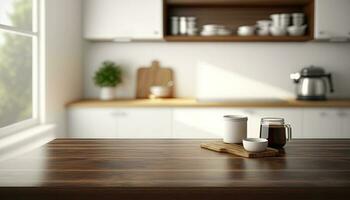 esvaziar mesa topo sobre desfocado cozinha com cópia de espaço foto