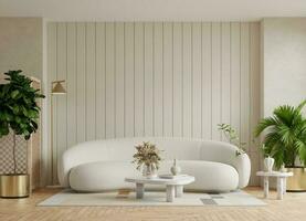 escandinavo vivo quarto interior com uma sofá em esvaziar creme de madeira parede fundo. foto