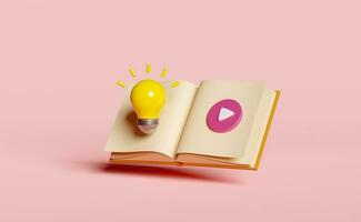 amarelo luz lâmpada com aberto livro, jogar botão isolado em Rosa fundo. idéia gorjeta Educação, conhecimento cria Ideias conceito, mínimo abstrato, 3d render ilustração foto