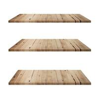 3 madeira prateleiras mesa isolado em branco fundo e exibição montagem para produtos. foto