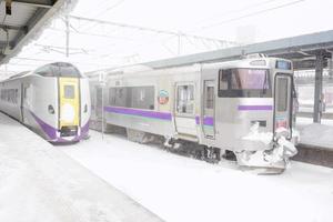 fechar-se local trem do Japão e Rapidez trem estacionado às hakodate trem estação em a dia do neve queda abaixo. foto