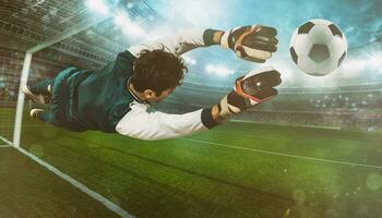 goleiro pega a bola dentro a estádio durante uma futebol jogos foto