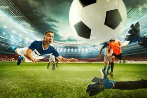 futebol cena com competindo futebol jogadoras às a estádio. 3d Renderização foto