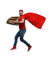 entregador com pizzas atos gostar uma poderoso Super heroi. conceito do sucesso e garantia em envio. foto