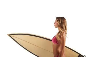 sexy jovem menina dentro bikini com prancha de surfe em branco fundo foto