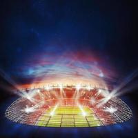 topo Visão do uma futebol estádio às noite com a luzes sobre. 3d Renderização foto