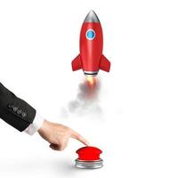 homem de negocios lançamentos foguete empurrando uma vermelho botão. 3d Renderização foto