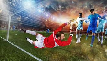 futebol cena com futebol jogadoras e goleiro às a estádio foto