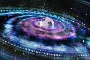 universo com brilhante estrelas e futebol bola dentro a Centro foto