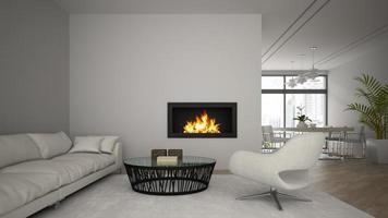 interior de um loft moderno com lareira e sofá branco em renderização 3D