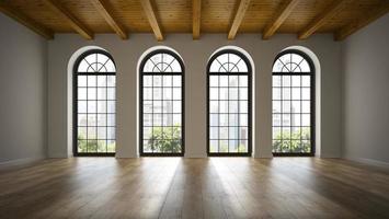 sala de loft vazia com janelas de arco em renderização 3D