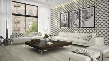 interior de uma sala de estar com papel de parede elegante em renderização 3D foto