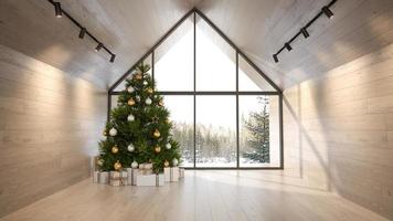 sala de estar interior de uma casa na floresta com uma árvore de natal em renderização 3D
