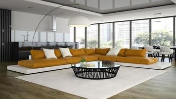 loft de design moderno com sofá laranja em renderização 3D