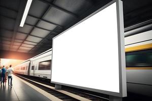 esvaziar espaço Painel publicitário dentro lado Visão perspectiva às subterrâneo trem estação, esvaziar espaço para de Anúncios bandeira com trem comovente dentro fundo, esvaziar Painel publicitário perto subterrâneo trem estação, livre foto