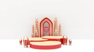 Ramadã venda fundo 3d renderizar, com pódio, lanterna para saudações, bandeira, poster foto