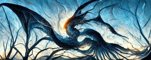 abstração representando partes do uma Dragão com balanças e asas girando para dentro árvores foto