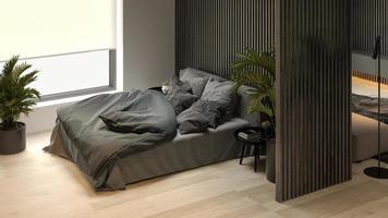 vista angular de um interior preto minimalista de uma casa moderna em renderização 3D