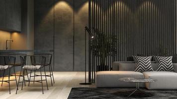 interior preto minimalista de uma casa moderna em renderização 3D foto