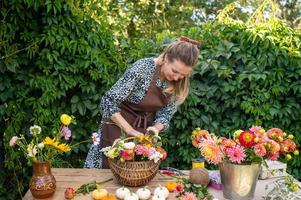 fofa florista menina coleta uma ramalhete do outono flores dentro uma cesta foto