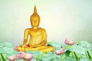 makha asanaha visakha bucha dia imagem de buda dourado. fundo de folhas de bodhi com luz brilhante. imagem suave e estilo de foco suave foto