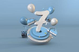 número 7 uma azul aniversário celebração. 3d render foto