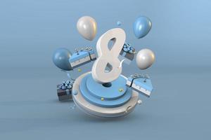 número 8 uma azul aniversário celebração. 3d render foto