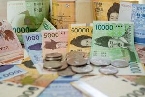 coreano Ganhou nota de banco e coreano Ganhou moedas para fundo imagem conceitos. foto