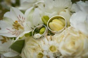 anéis de casamento em um buquê de flores brancas foto