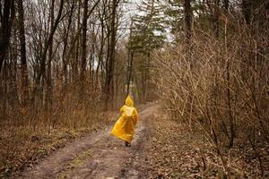 traseiro Visão do Garoto dentro amarelo capa de chuva caminhando dentro a floresta depois de chuva. foto