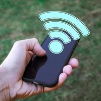 mão segurando uma inteligente telefone com Wi-fi ícone, sem fio fidelidade foto