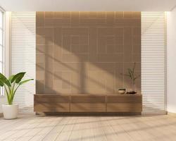 Japão estilo vivo quarto decorado com minimalista televisão gabinete, madeira padronizar parede e deslizante madeira ripa porta. 3d Renderização foto