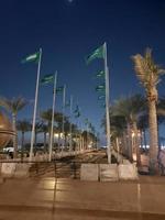 jedá, saudita Arábia, fevereiro 2023 - uma lindo Visão do a bandeiras do saudita arábia em a Jeddah corniche em a ocasião do a Fundação dia do saudita arábia. foto