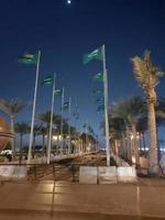 jedá, saudita Arábia, fevereiro 2023 - uma lindo Visão do a bandeiras do saudita arábia em a Jeddah corniche em a ocasião do a Fundação dia do saudita arábia. foto