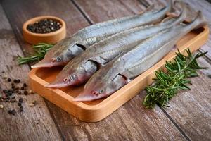 cru esterlina peixe em uma de madeira prato com alecrim e Pimenta foto