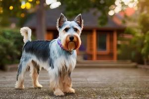 uma cachorro com uma casa dentro a fundo foto