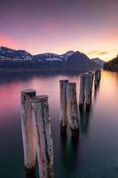 de madeira mastros dentro lago dentro montanha panorama durante azul hora com roxa céu foto