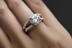uma lindo diamante Casamento anel dentro uma mulher dedo. foto