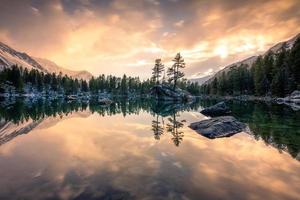 uma lago dentro inverno, em que carrinhos uma Rocha com dois árvores, durante uma pôr do sol foto