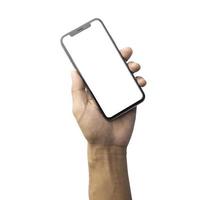 fechar acima mão segurando mostrando em branco esvaziar tela do dela inteligente Telefone isolado branco cor pano de fundo foto
